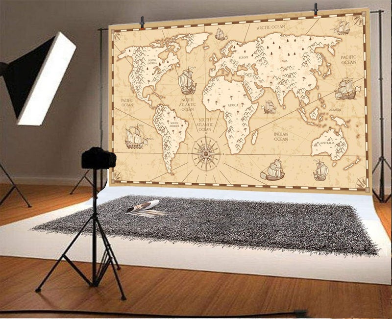 AOFOTO 5X3ft Ancient World Map Backdrop Military Nautical Theme Vinyl Photography Background Sailling Boats Compass Mainand Ocean Video Backdrops Displays TV Film Production Wallpaper Studio Props - Image 2